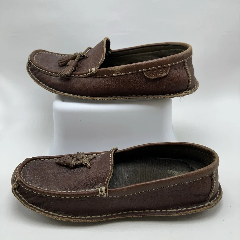 Cabelas Mens Leather Tassel Driving Moccasins Loafers Brown 9.5 D Slip On